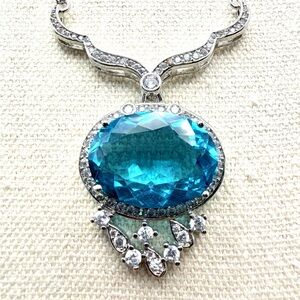 Large Paraiba Crystal Statement Pendant Necklace CZ Halo Silver Tone Adjustable